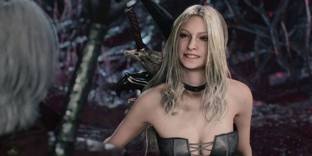 Trish smiles at Dante in Devil May Cry 5