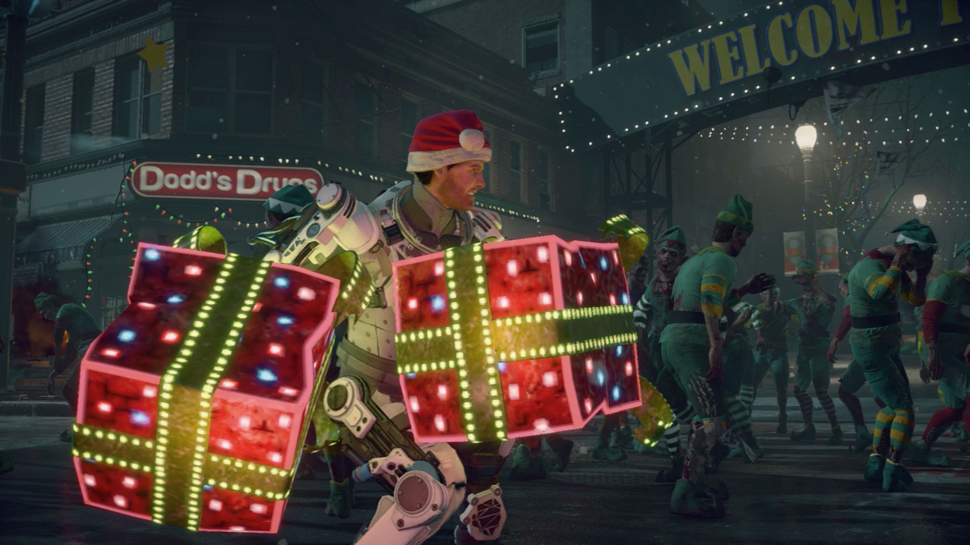 Dead Rising 4 character with Christmas presents as weapons