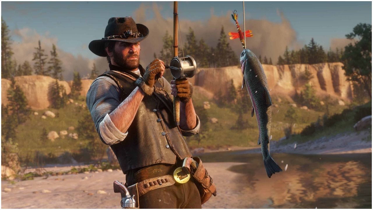 An image of Arthur pulling a fish out of the water in Red Dead Redemption 2