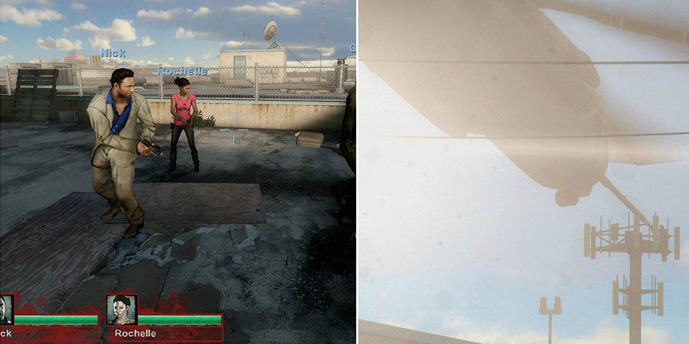 Split Image: Left Side Are Two Characters with Guns / Right Side is a Helicopter Taking Off