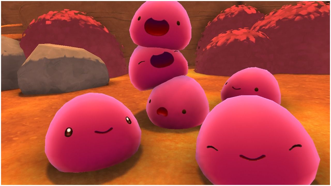 A group of pink slimes