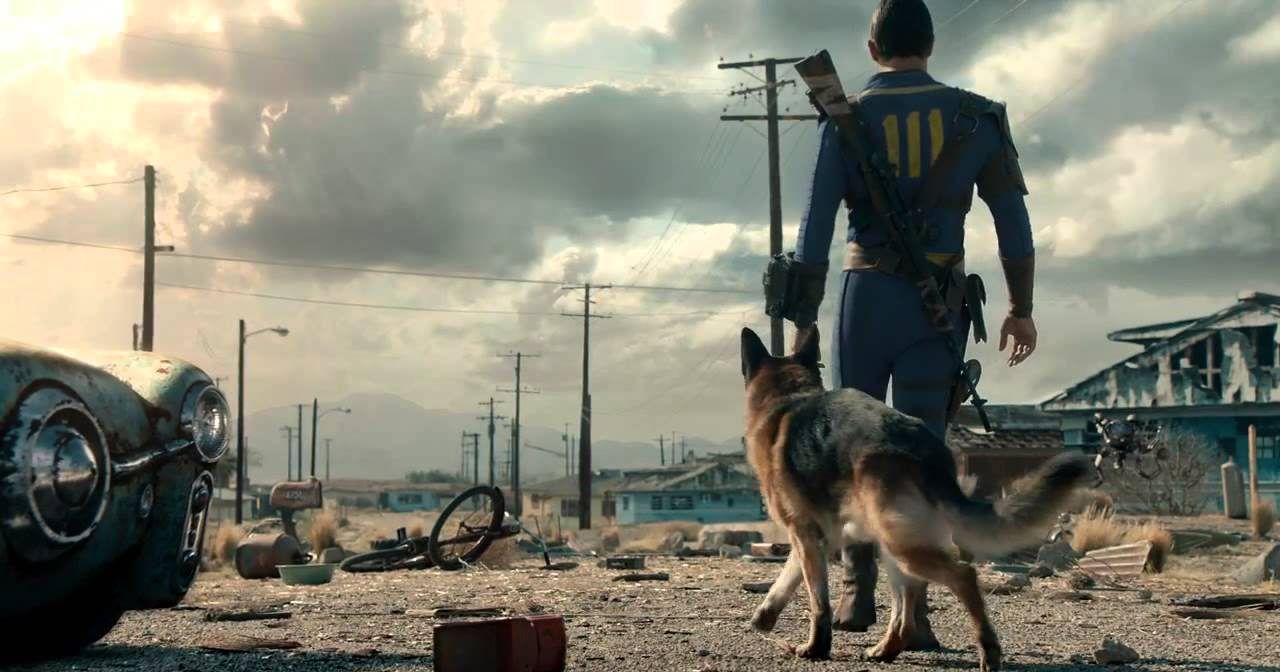 Dogmeat and Fallout 4 protagonist walking