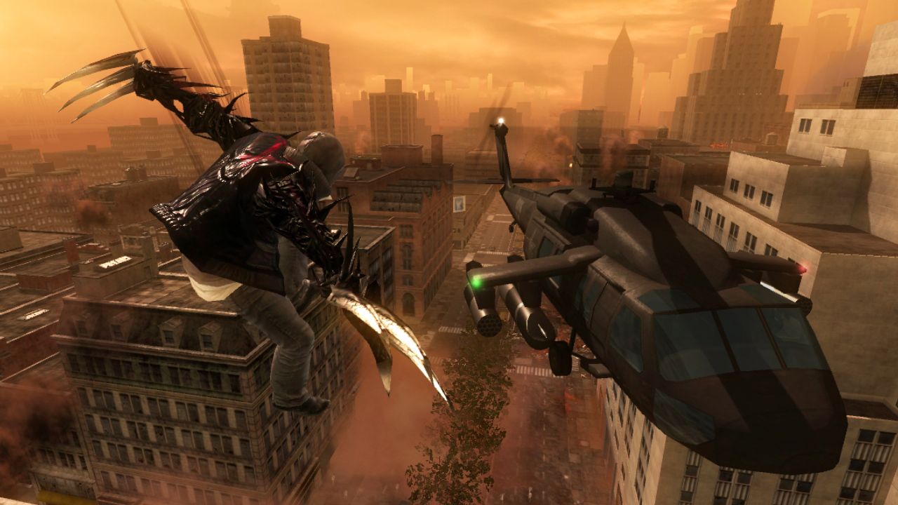 Screenshot of Prototype gameplay with Alex Mercer attacking a helicopter.