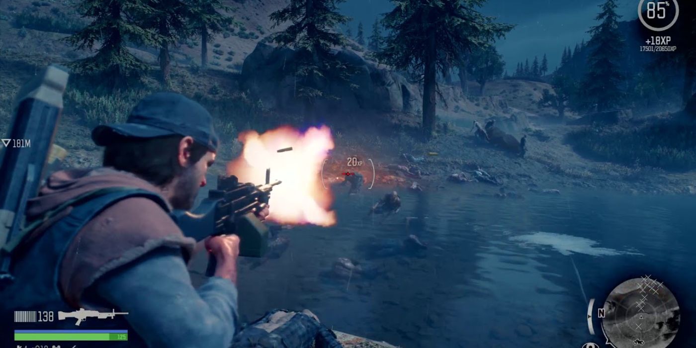 Deacon shooting at some zombies in a lake with the MG45 weapon.