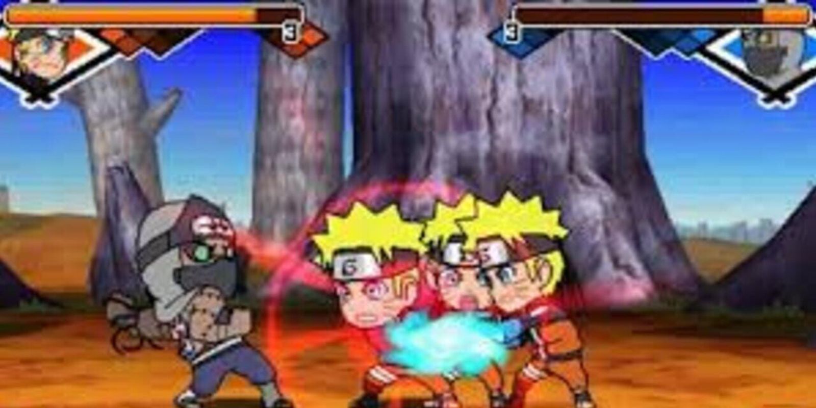 A trio of chibi Narutos creating a rasengan against Kakuzu.