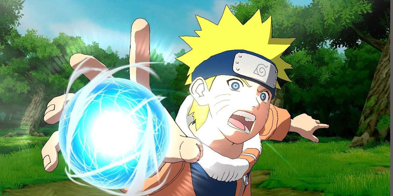 A close shot of Naruto throwing a rasengan at the screen.