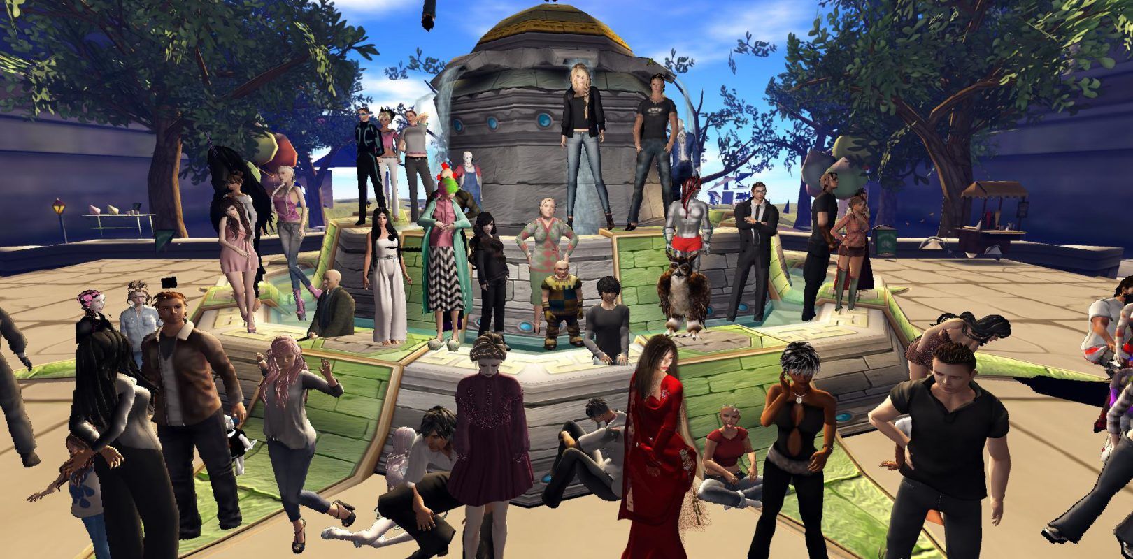 Second Life gameplay plaza social gathering of avatars 