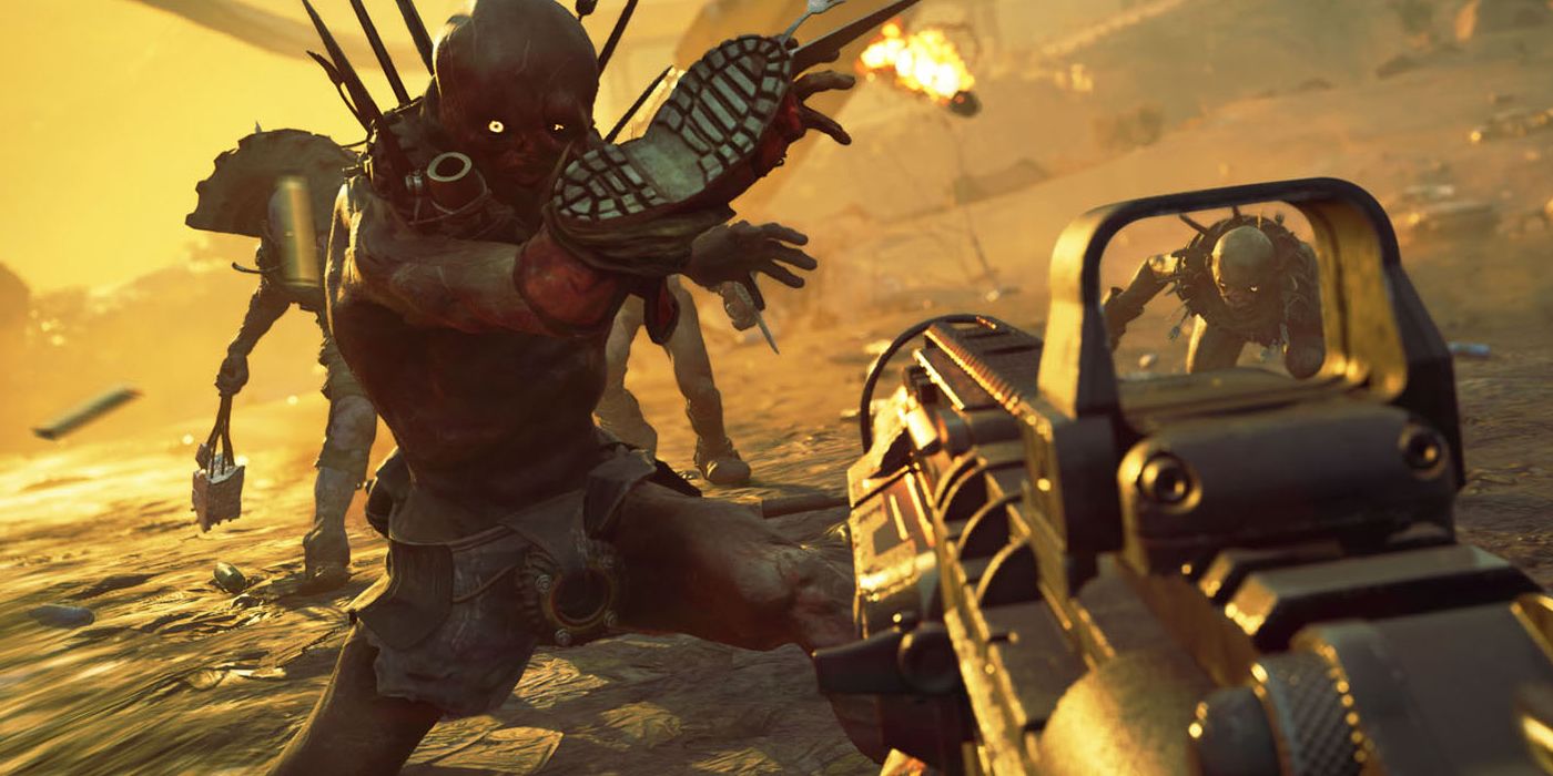 A band of mutants attacking the main player character who's aiming an assualt rifle at them in a scorched environment.