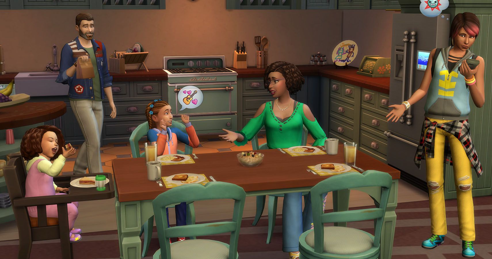 a sim family around the dinner table with a kitchen behind them.