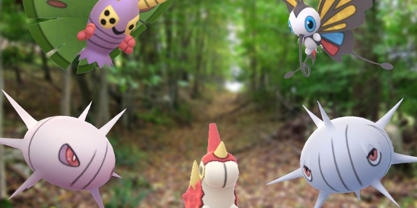 Wurmple, Dustox, Beautifly, Silcoon, and Cascoon all in one image with a blurred forest background
