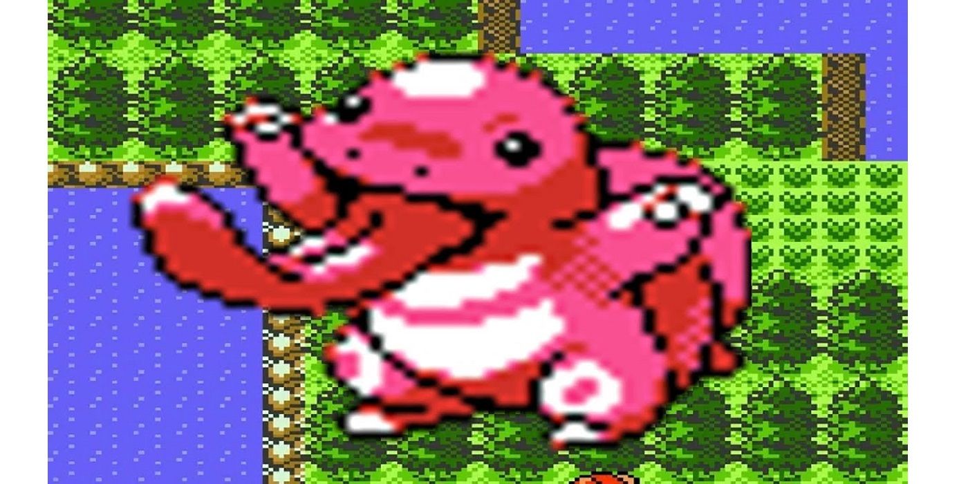 lickitung over pixelated grass and trees in Game boy Pokemon