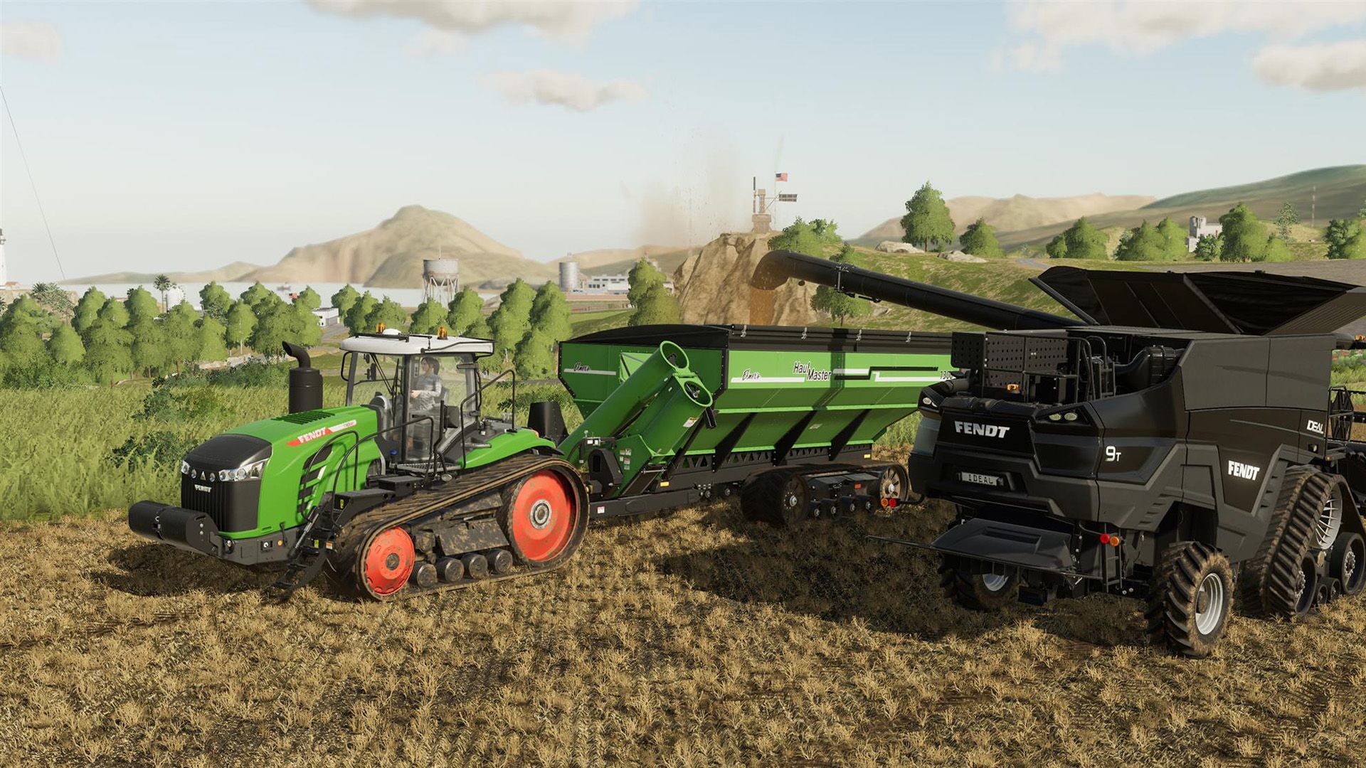 Farming Simulator tractor and truck in corn field