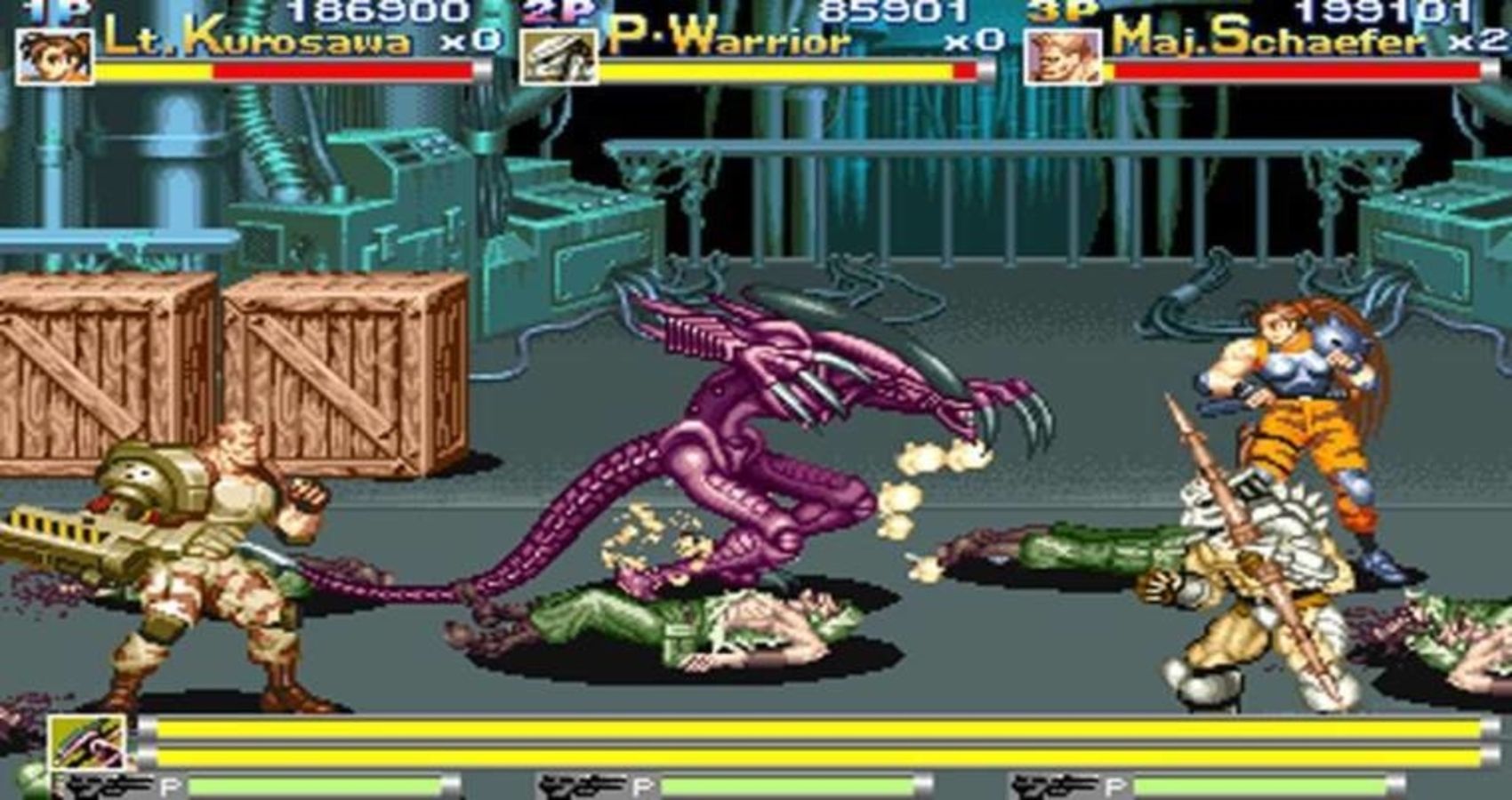 A Yautja and two humans fighting a Xenomorph in Alien vs Predator The Arcade Game