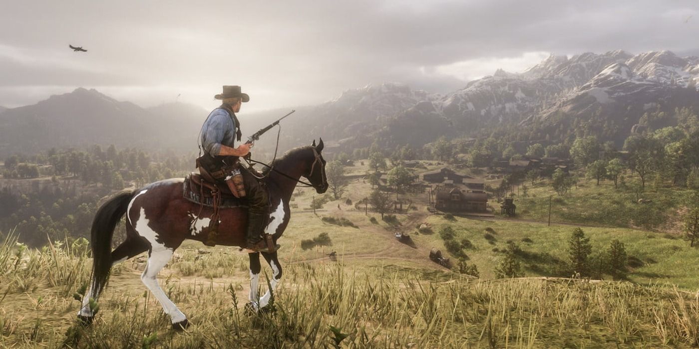 Arthur on a brown and white-spotted horse on a hilltop with a rifle out and a bird and scenic mountains in the distance.