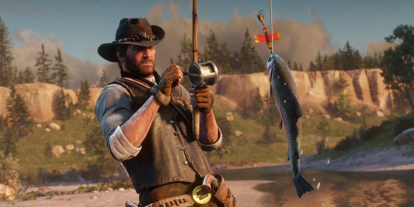 Arthur reeling in a big rainbow trout from a river.