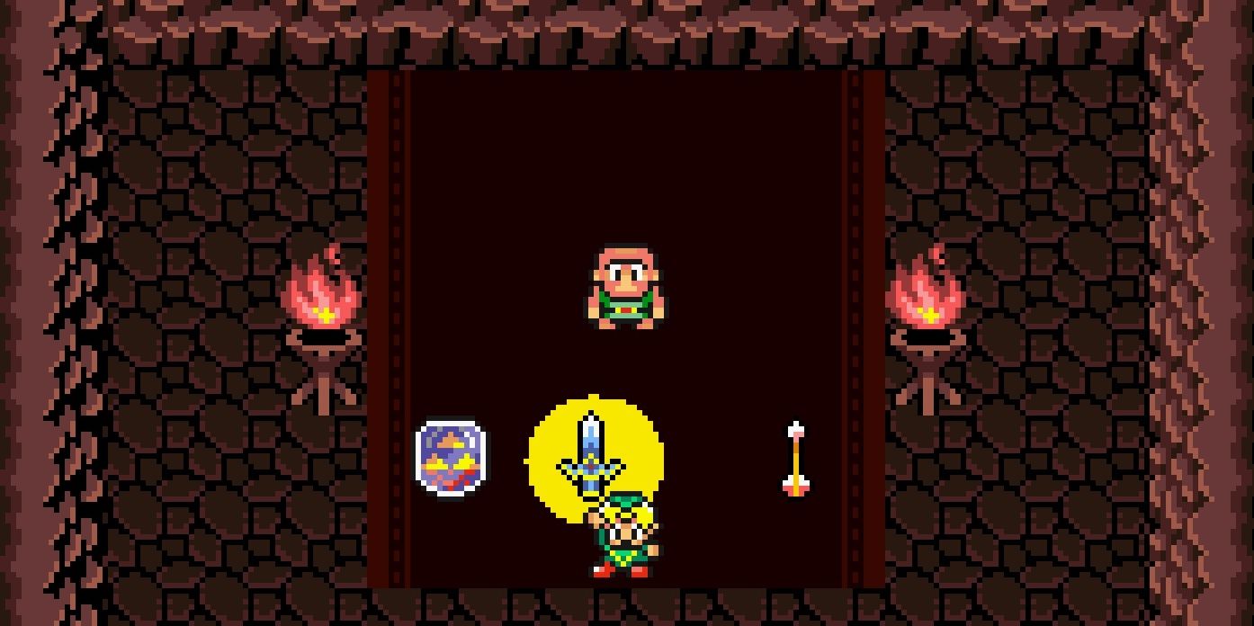 Link holds up a sword in a cave by a merchant