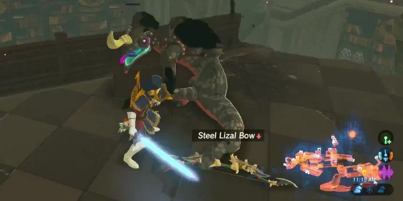 Link about to pick up a Steel Lizal Bow in BOTW