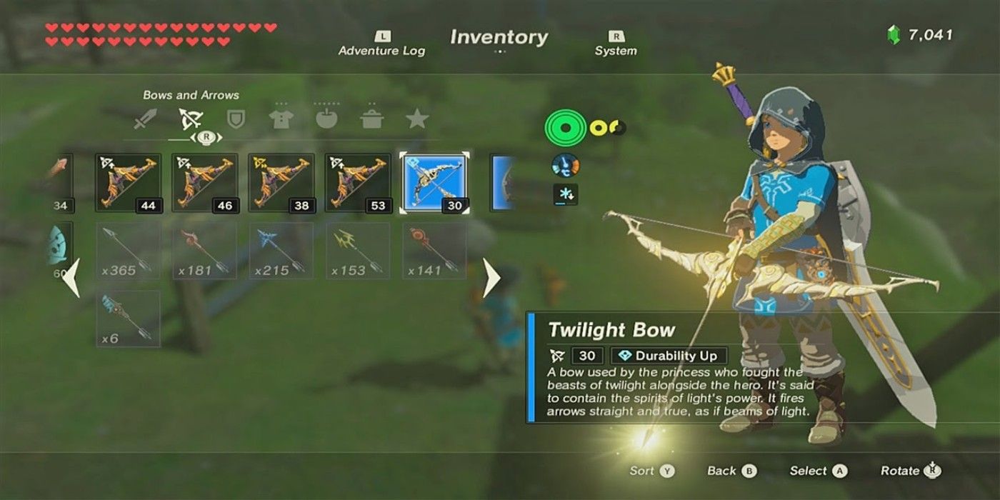 Link holding the Twilight Bow in the inventory menu in BOTW.