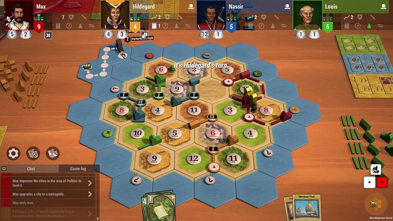 Catan board from the online game with players displayed above
