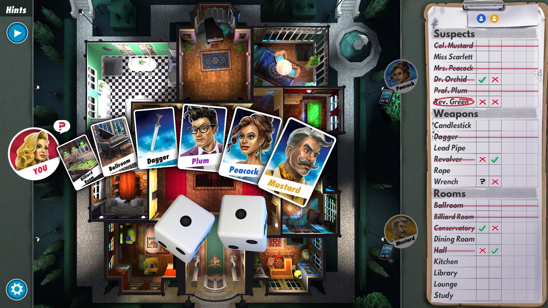 Clue online screenshot including cards, clue sheet and dice