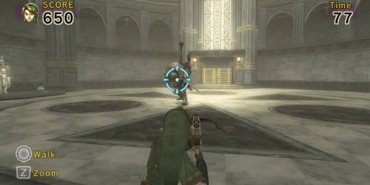 Links aims his crossbow at an armored Darknut