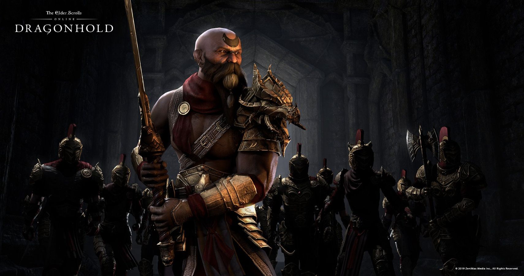 ESO Dragonhold warrior holding large sword with soldiers in the shadows behind him