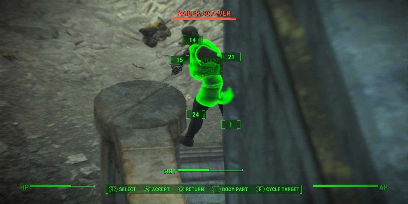 Targeting a Raider Scavenger's torso in V.A.T.S in Fallout 4.