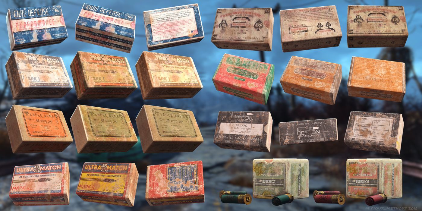 A selection of various ammo boxes in Fallout 4.
