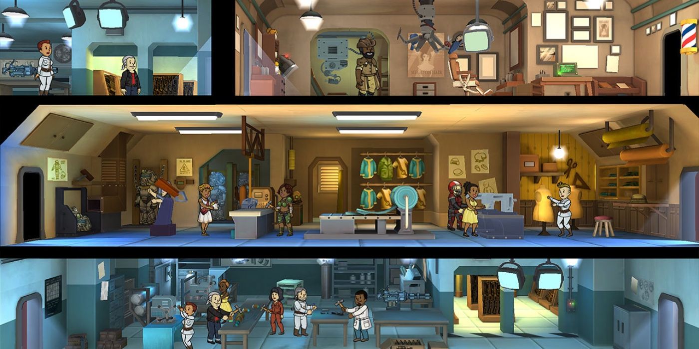 Various floors of the vault and NPCs roaming about and performing various tasks in Fallout Shelter.