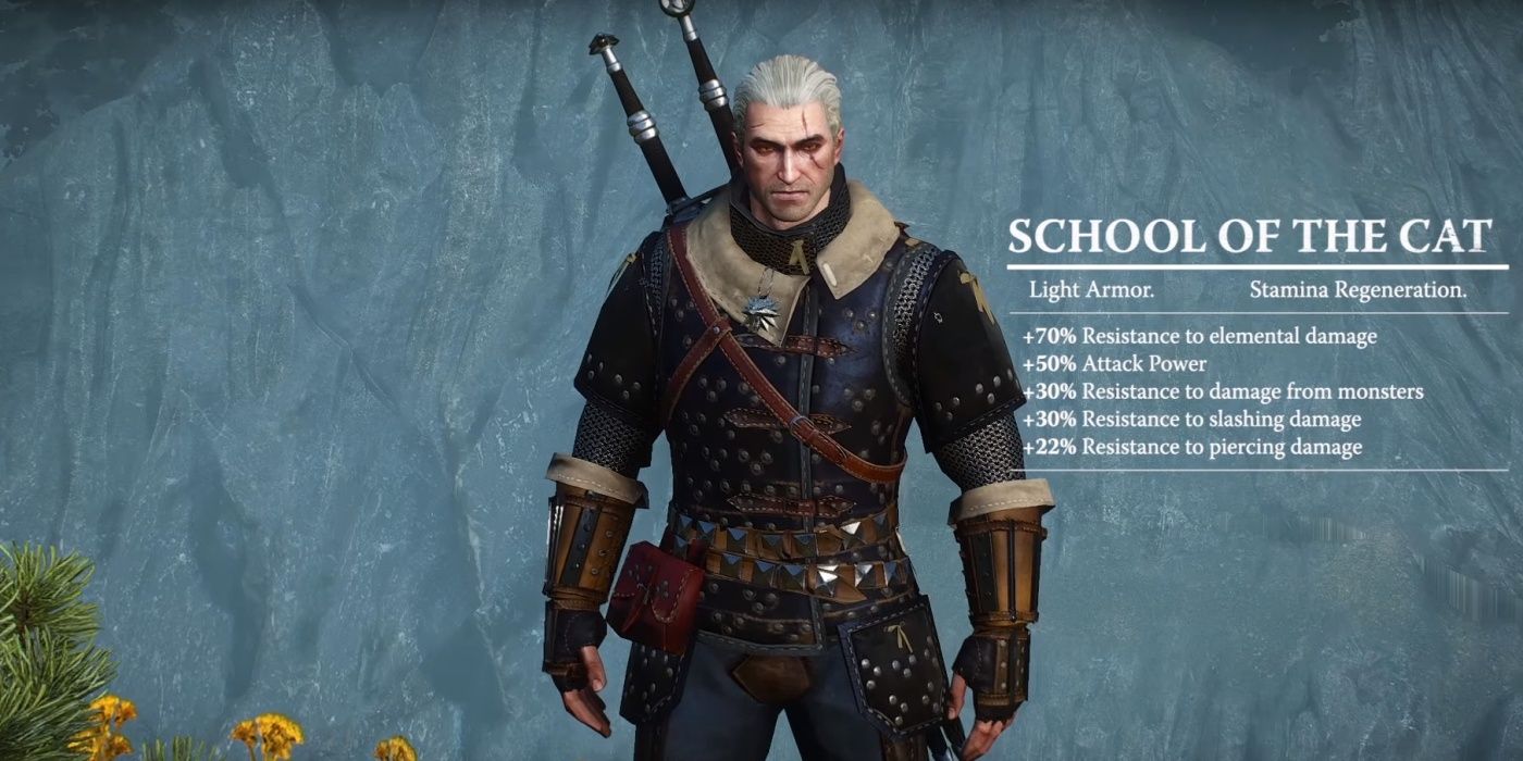 Geralt wearing Feline Armor and stats