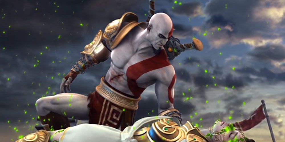 Kratos looking at Athena, who ke accidentally killed, in God of War 2