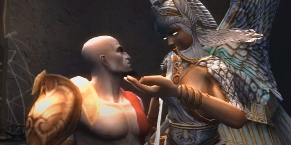 Kratos and Lahkesis talking before their fight, in God of War 2