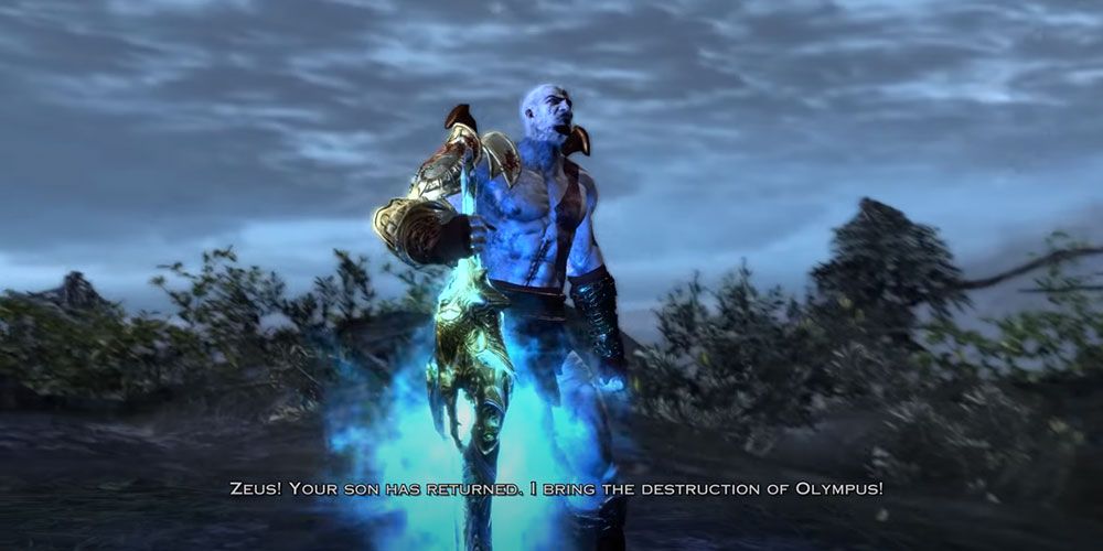 Kratos, wielding the Blade of Olympus, on top of Gaia's shoulder, in God of War 3