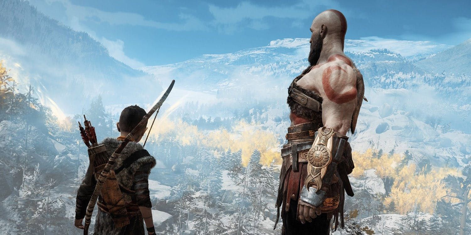 Kratos and Atreus looking over the landscape at the end of God Of War 2018