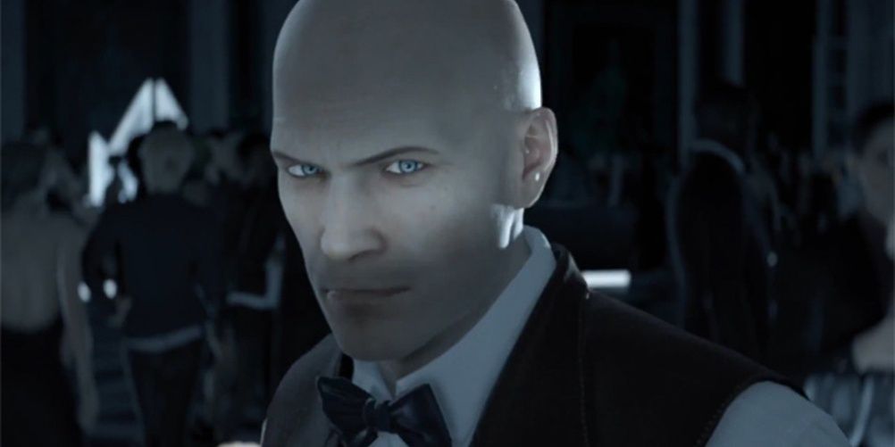 A close up of Agent 47's face in Hitman 2016