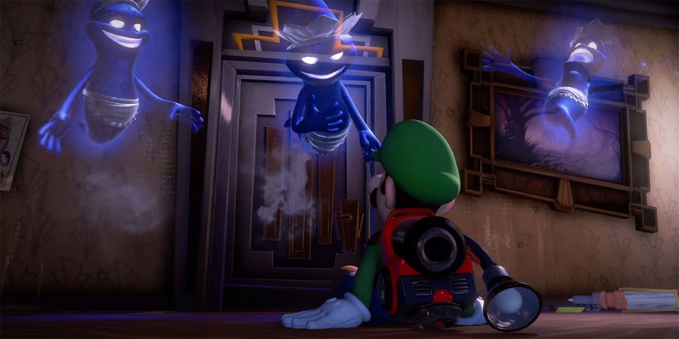 Luigi facing three ghosts in Luigi's Mansion 3