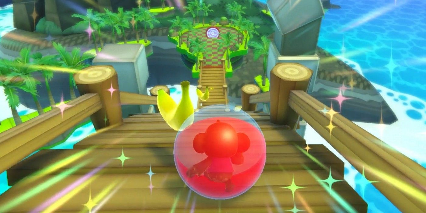 Rolling down a hill to the goal in Super Monkey Ball: Banana Blitz HD