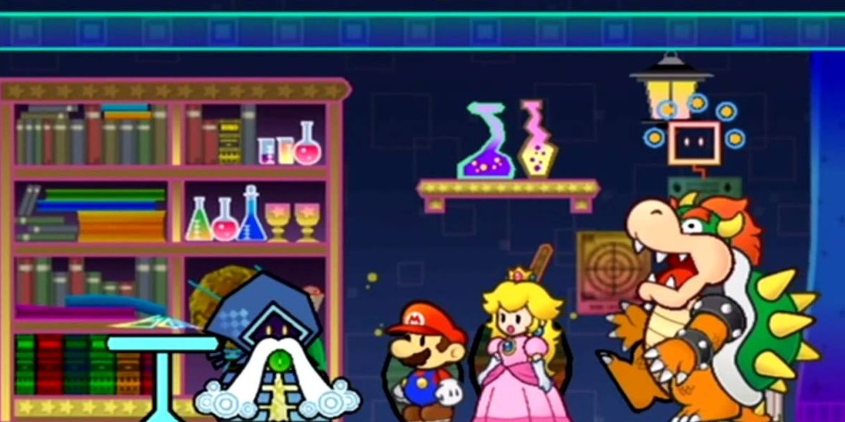 Merlon shares a story with the gang in Super Paper Mario