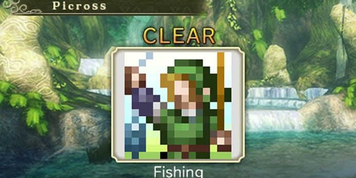 Pixelated Link holds a fish up in front of a waterfall