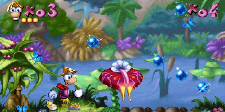 Rayman standing in a jungle in Rayman 1.