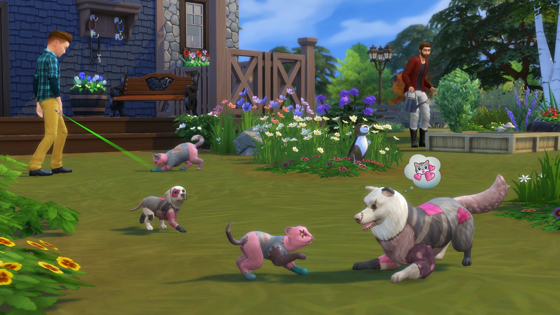 Sims taking their pets for a walk