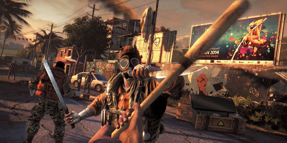 The player has a bat in hand while fighting a man with goggles and machete in Dying Light)