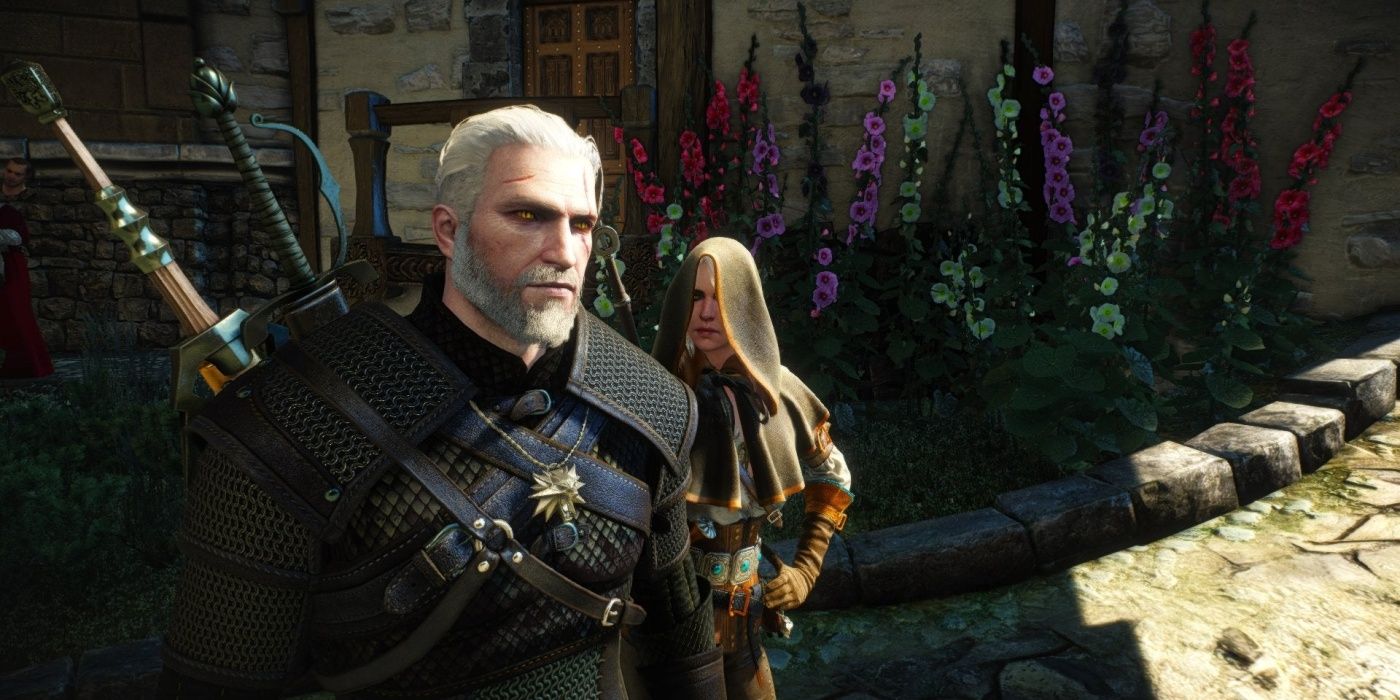 Geralt wearing Viper Armor and Ciri in the background