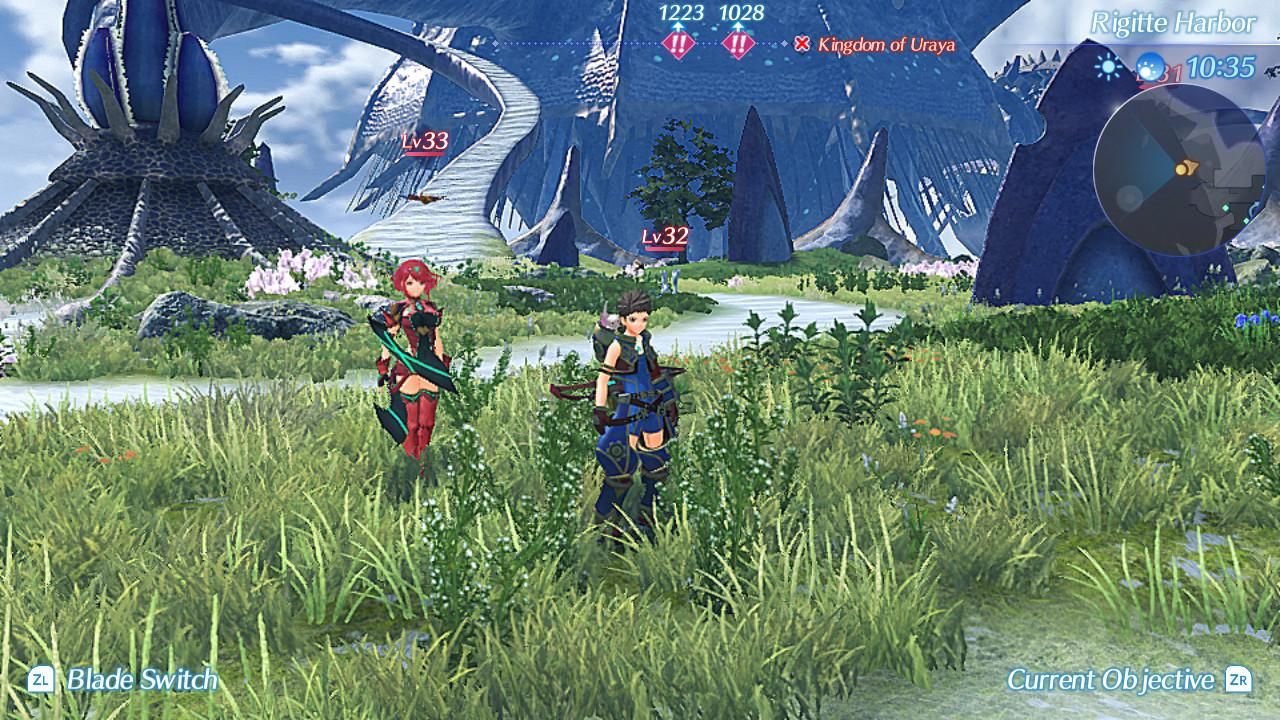 Xenoblade Chronicles 2 Rex and Pyra on grassy field with winding stairs in Alrest