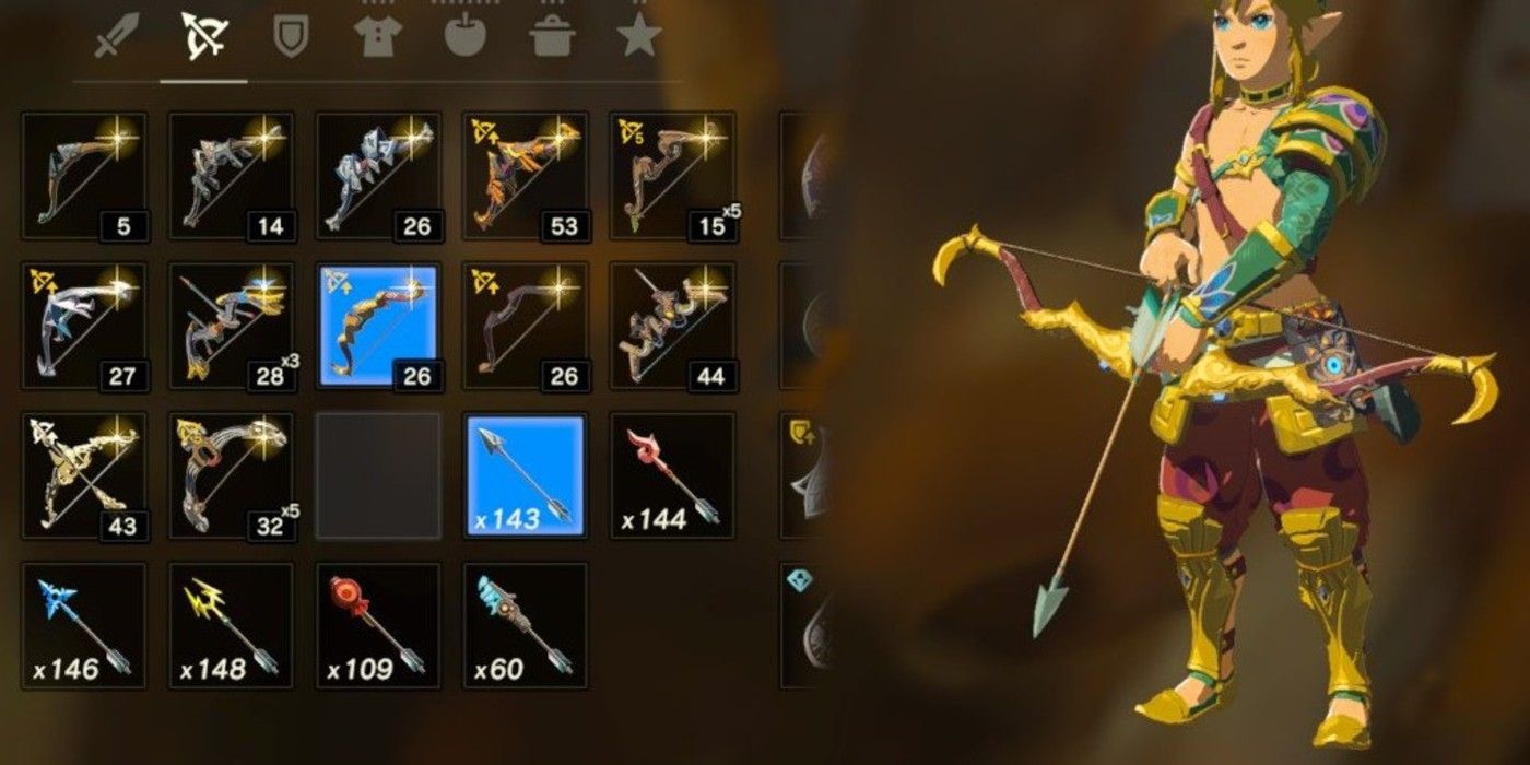 Link holding the Golden Bow in the inventory in BOTW