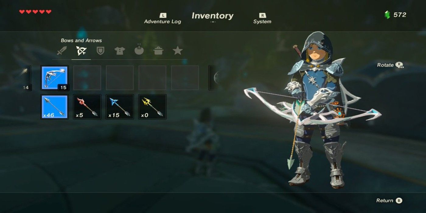 Link holding the Silver Bow in the inventory in BOTW