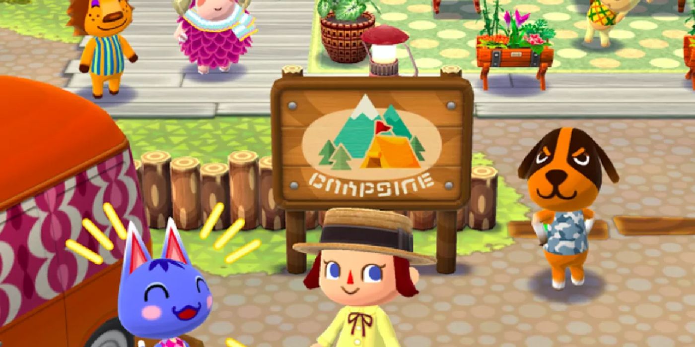 Animal Crossing villagers standing around the campsite sign in New Horizons