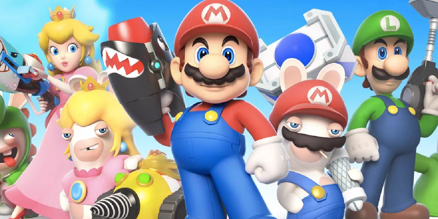The main cast of Mario and their Rabbid versions standing with weapons and smiling at the viewer