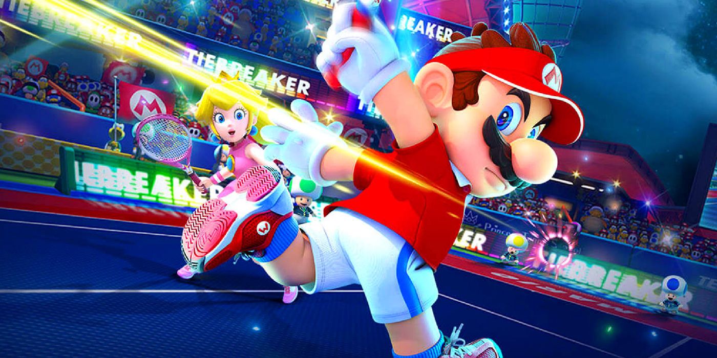 Mario shooting a ball back with his tennis racket while Peach looks on behind him in surprise