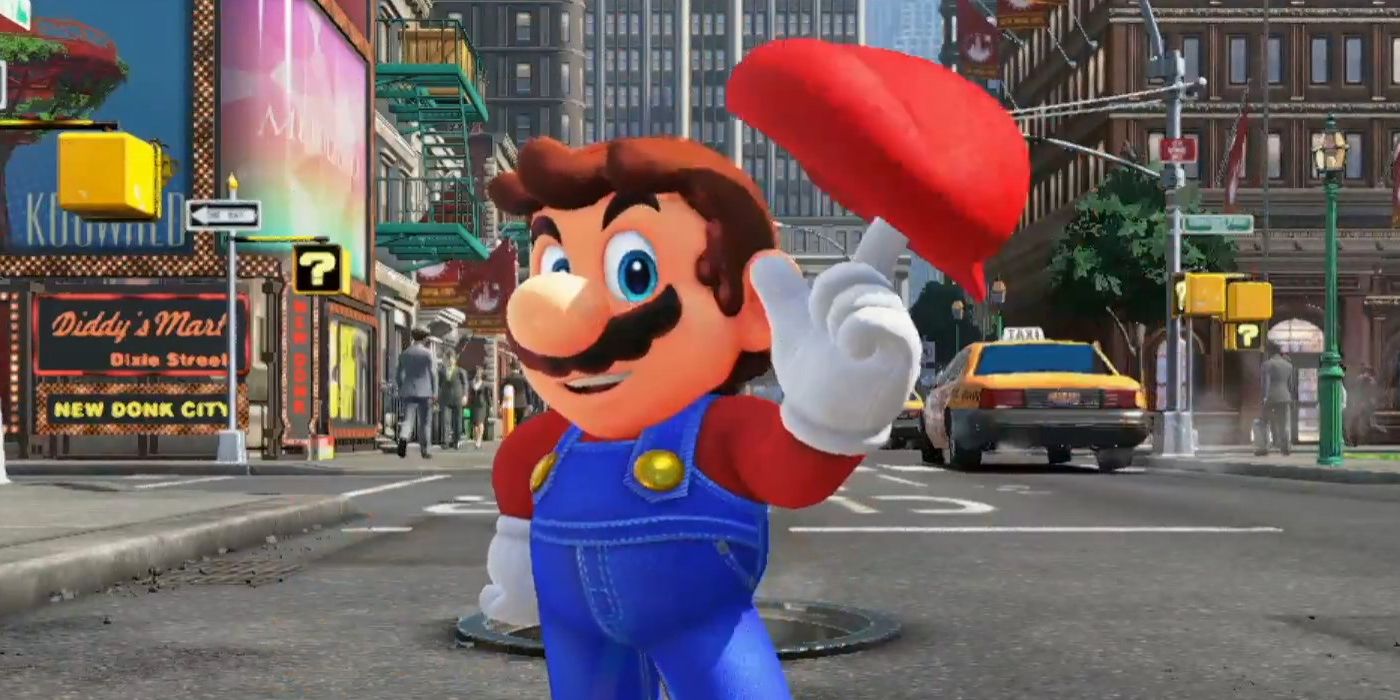 Mario in a city smiling at the viewer and twirling his hat on his finger